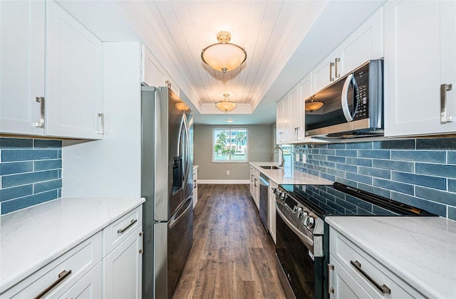 kitchen with white cabinets, decorative backsplash, dark wood-type flooring, and appliances with stainless steel finishes