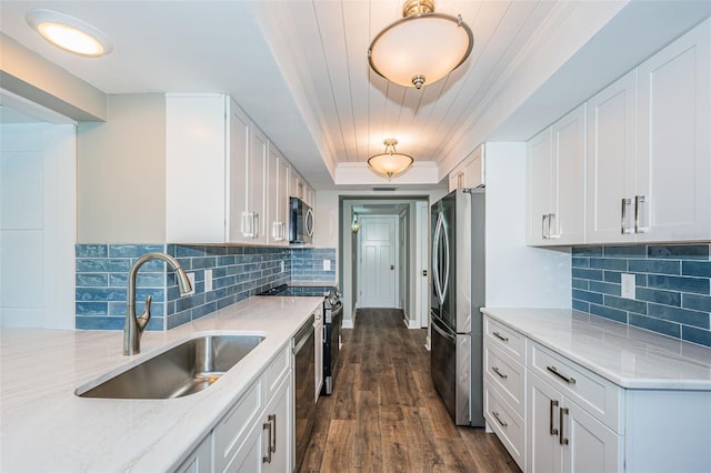 kitchen featuring light stone countertops, appliances with stainless steel finishes, sink, dark hardwood / wood-style floors, and white cabinetry