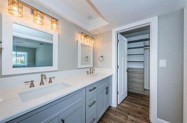 bathroom with vanity, hardwood / wood-style flooring, and ornamental molding