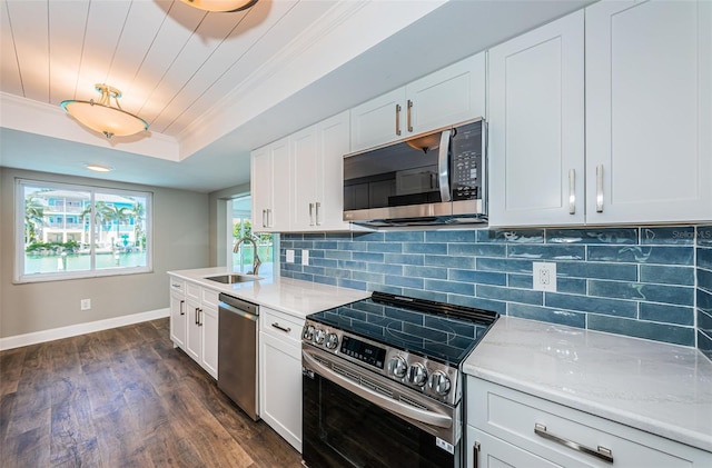 kitchen featuring backsplash, dark wood-type flooring, white cabinets, sink, and stainless steel appliances