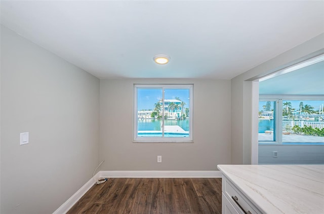 unfurnished dining area with dark hardwood / wood-style floors and a water view