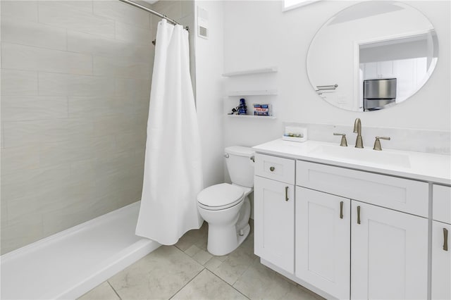 bathroom with toilet, tile flooring, and vanity