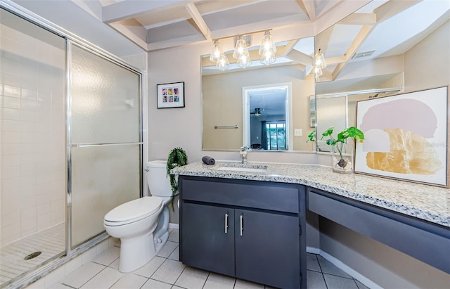 bathroom with tile patterned flooring, vanity, toilet, and an enclosed shower