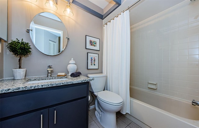 full bathroom featuring toilet, shower / bath combo, vanity, and tile patterned floors