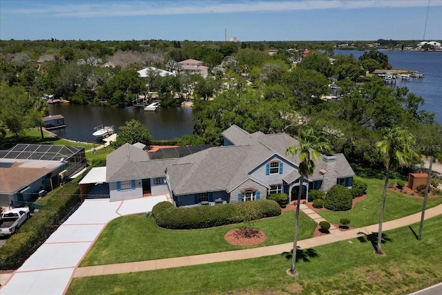 birds eye view of property featuring a water view