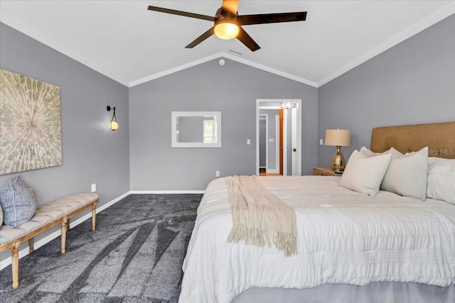 carpeted bedroom with ceiling fan, ornamental molding, and lofted ceiling