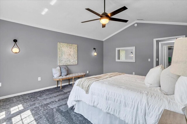 carpeted bedroom featuring lofted ceiling, crown molding, and ceiling fan