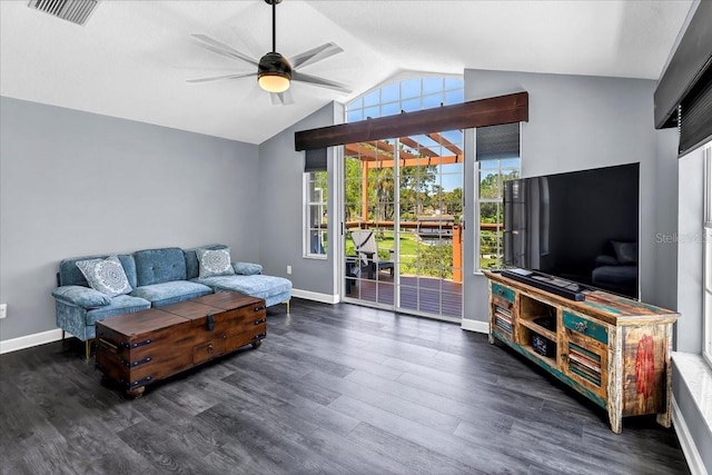 living room with lofted ceiling, dark hardwood / wood-style floors, and ceiling fan