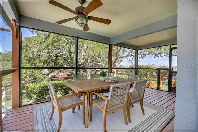 sunroom featuring ceiling fan and a wealth of natural light