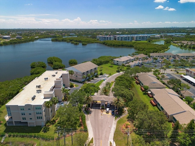 bird's eye view with a water view