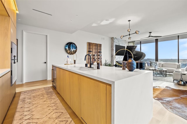 kitchen featuring light hardwood / wood-style floors, decorative light fixtures, sink, and an island with sink