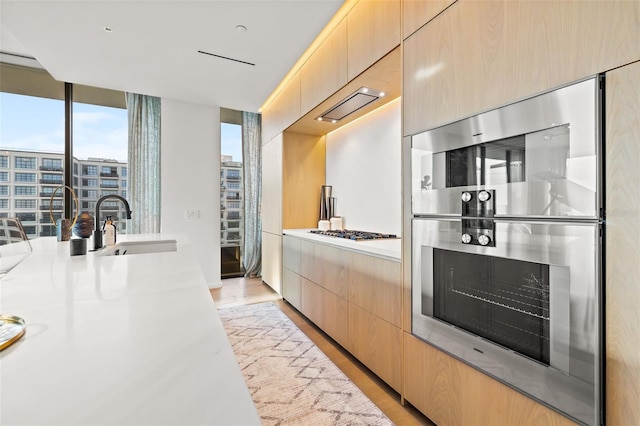 kitchen featuring light brown cabinets, floor to ceiling windows, light hardwood / wood-style flooring, stainless steel appliances, and sink