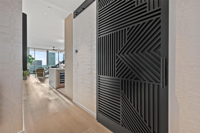 hallway featuring floor to ceiling windows, light hardwood / wood-style floors, beverage cooler, and a barn door