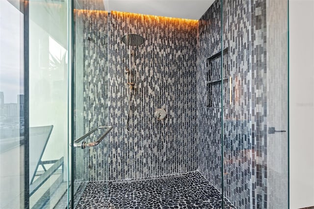 bathroom featuring a shower with shower door