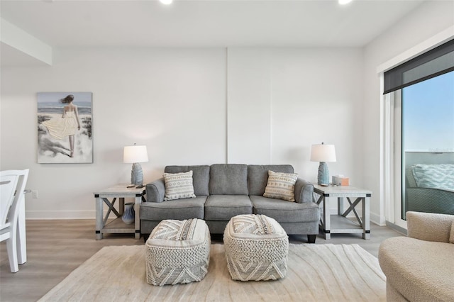 living room with recessed lighting, baseboards, and wood finished floors