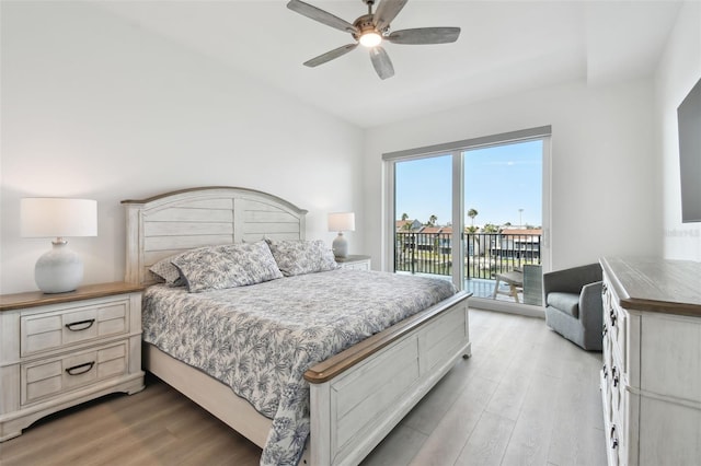 bedroom with light wood-style flooring, access to exterior, and a ceiling fan