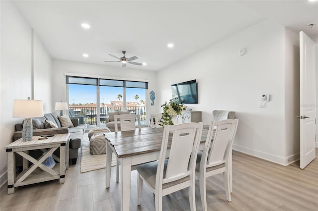 dining area with recessed lighting, baseboards, light wood-style flooring, and a ceiling fan