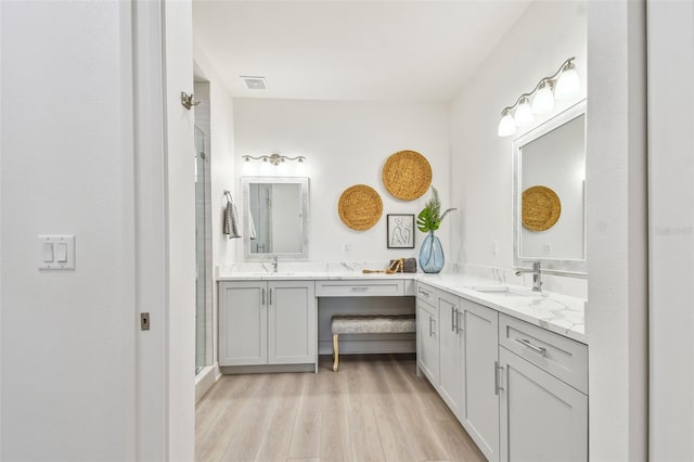 bathroom featuring a shower stall, wood finished floors, double vanity, and a sink