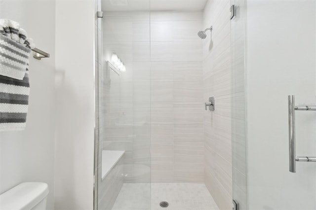 bathroom with a stall shower and toilet