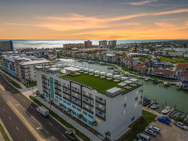 drone / aerial view featuring a view of city and a water view