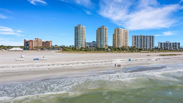 view of property's community with a water view and a view of the beach