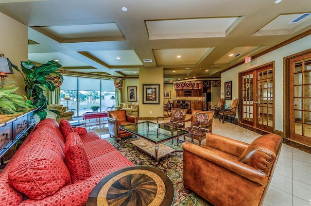 living room featuring beamed ceiling, french doors, coffered ceiling, and light tile floors