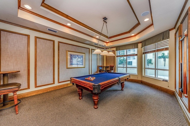 recreation room featuring crown molding, pool table, dark carpet, and a raised ceiling