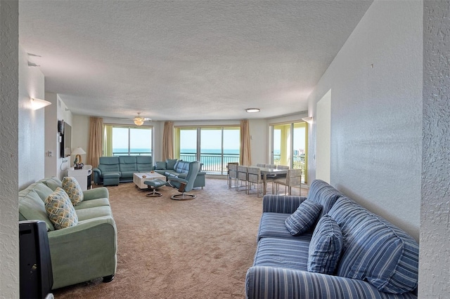 carpeted living room with a wealth of natural light, a textured ceiling, and a water view