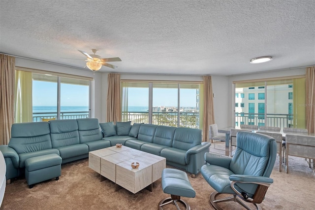 living room featuring carpet flooring, a textured ceiling, and a water view