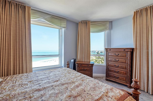 bedroom featuring light carpet, a textured ceiling, and a water view