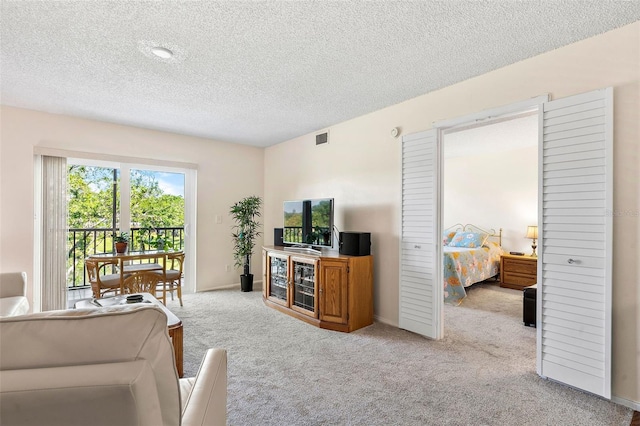 carpeted living room with a textured ceiling