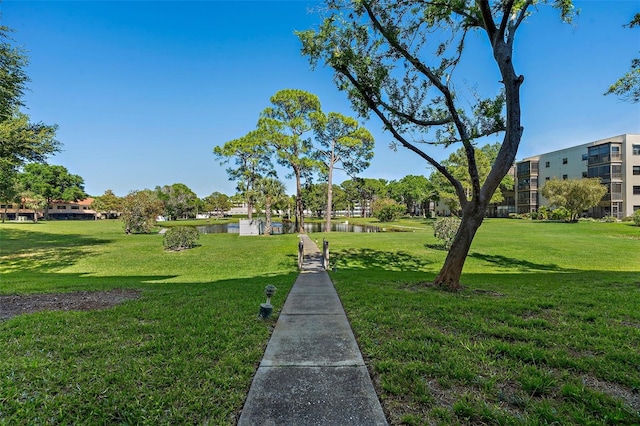 view of property's community with a water view and a lawn