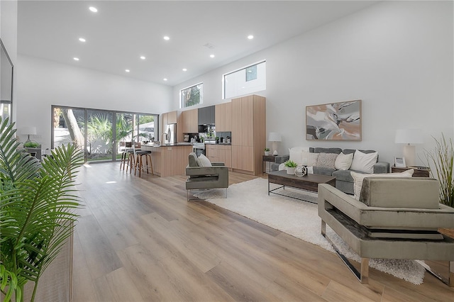 living room with light hardwood / wood-style flooring and a high ceiling