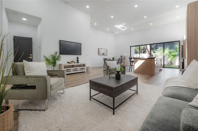 living room featuring a towering ceiling and light hardwood / wood-style floors