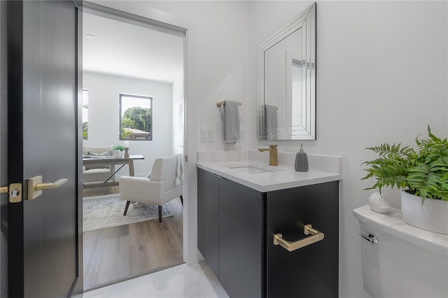 bathroom with vanity, hardwood / wood-style flooring, and toilet