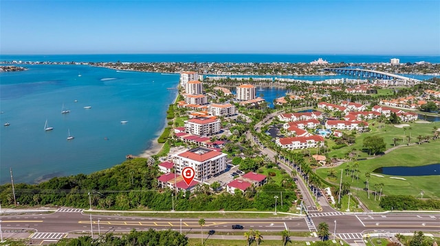 drone / aerial view with a water view