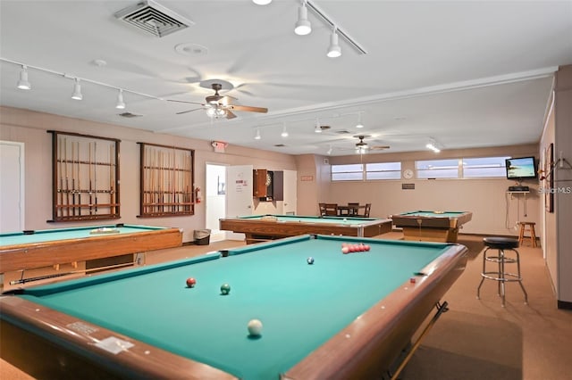 playroom with light carpet, ceiling fan, track lighting, and pool table