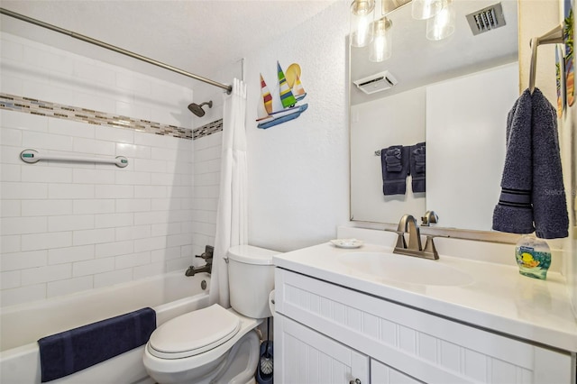 full bathroom with vanity, toilet, and shower / bathtub combination with curtain