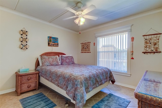 tiled bedroom featuring ornamental molding and ceiling fan