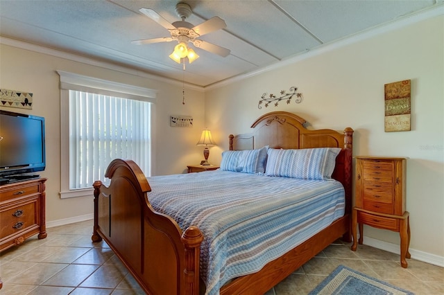 bedroom featuring crown molding, light tile flooring, and ceiling fan