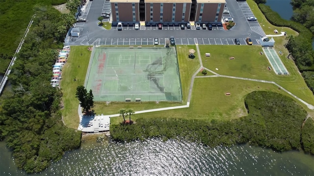 bird's eye view with a water view