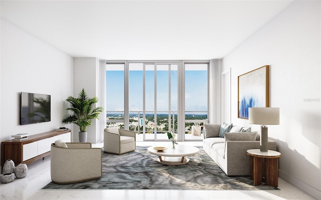 living room with floor to ceiling windows