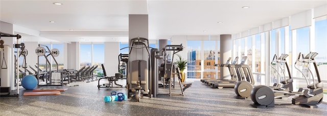 exercise room featuring floor to ceiling windows