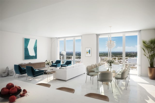 dining space with an inviting chandelier, a wall of windows, and plenty of natural light