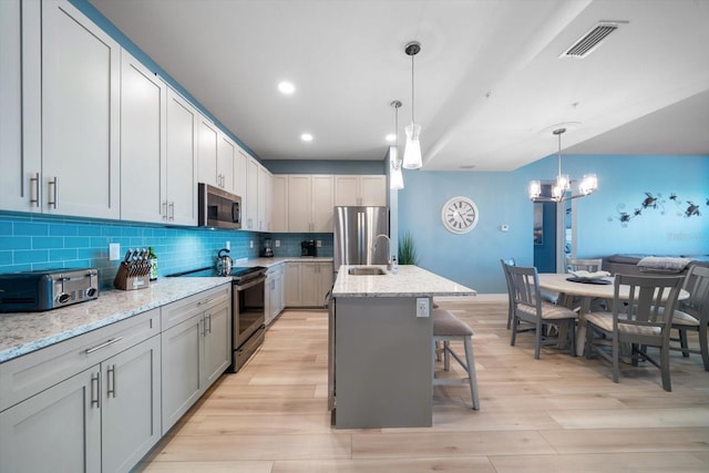 kitchen with light hardwood / wood-style flooring, tasteful backsplash, stainless steel appliances, decorative light fixtures, and a chandelier