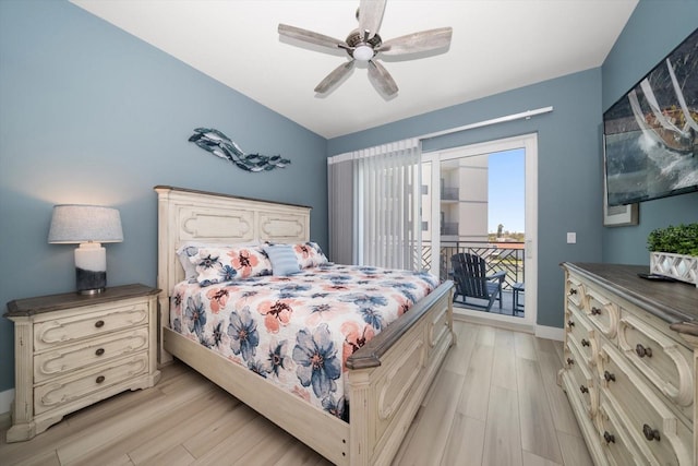 bedroom with access to exterior, ceiling fan, and light hardwood / wood-style floors