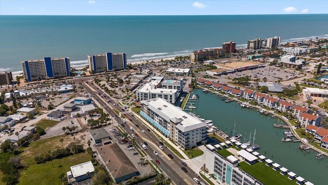 bird's eye view with a water view