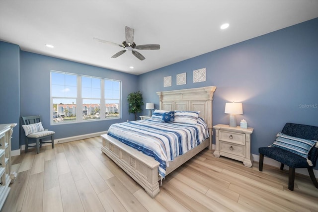 bedroom featuring ceiling fan and light hardwood / wood-style flooring