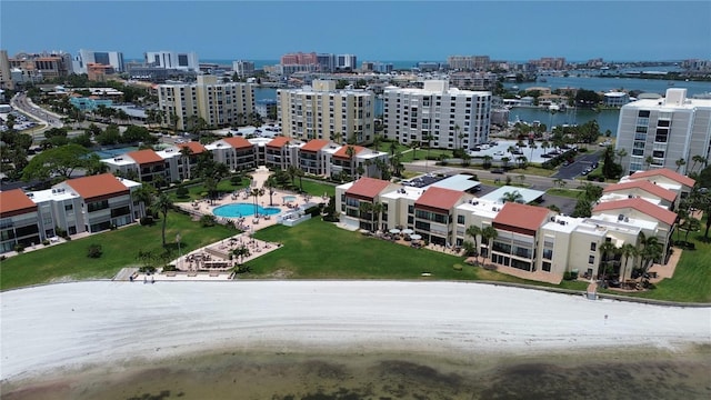 birds eye view of property featuring a water view