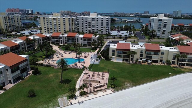 drone / aerial view featuring a water view